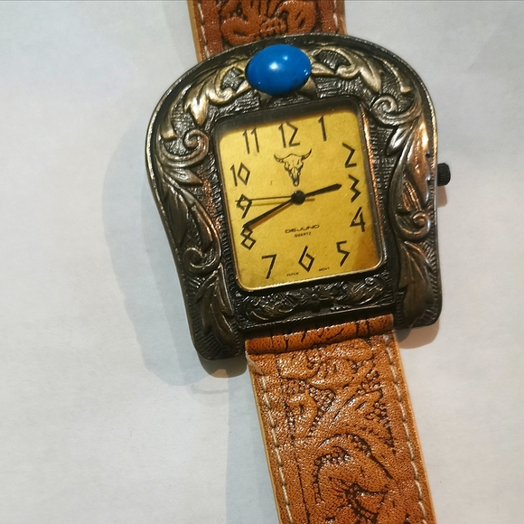 SOLD 80s Belt Buckle Western Novelty Watch Tooled Leather Turquoise Dejuno - Picture 3 of 4